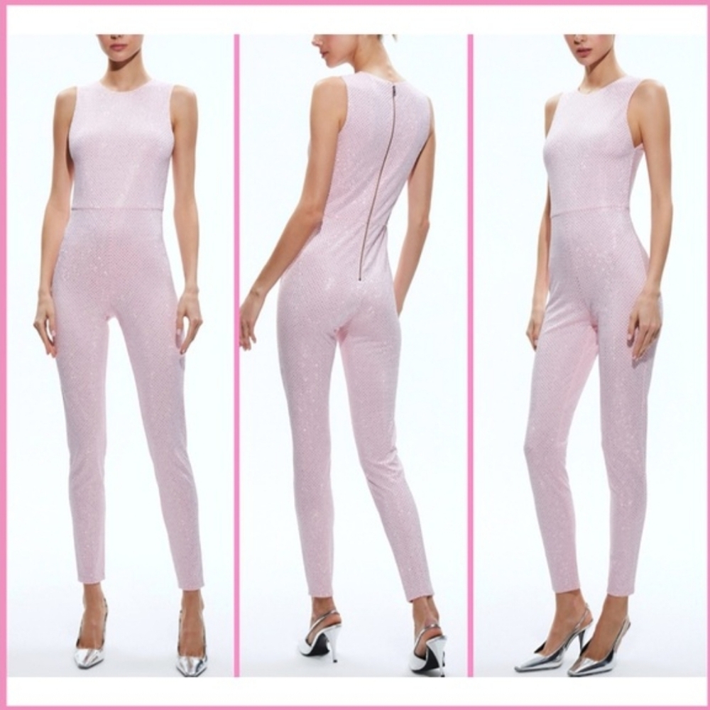 Alice and Olivia Freddie light pink and metal rhinestone Catsuit.  Size 4.